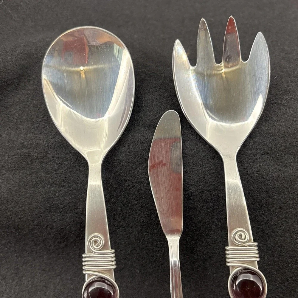 Handcrafted SS Salad Set And Butter Knife South Africa Purple Cabochon Stones